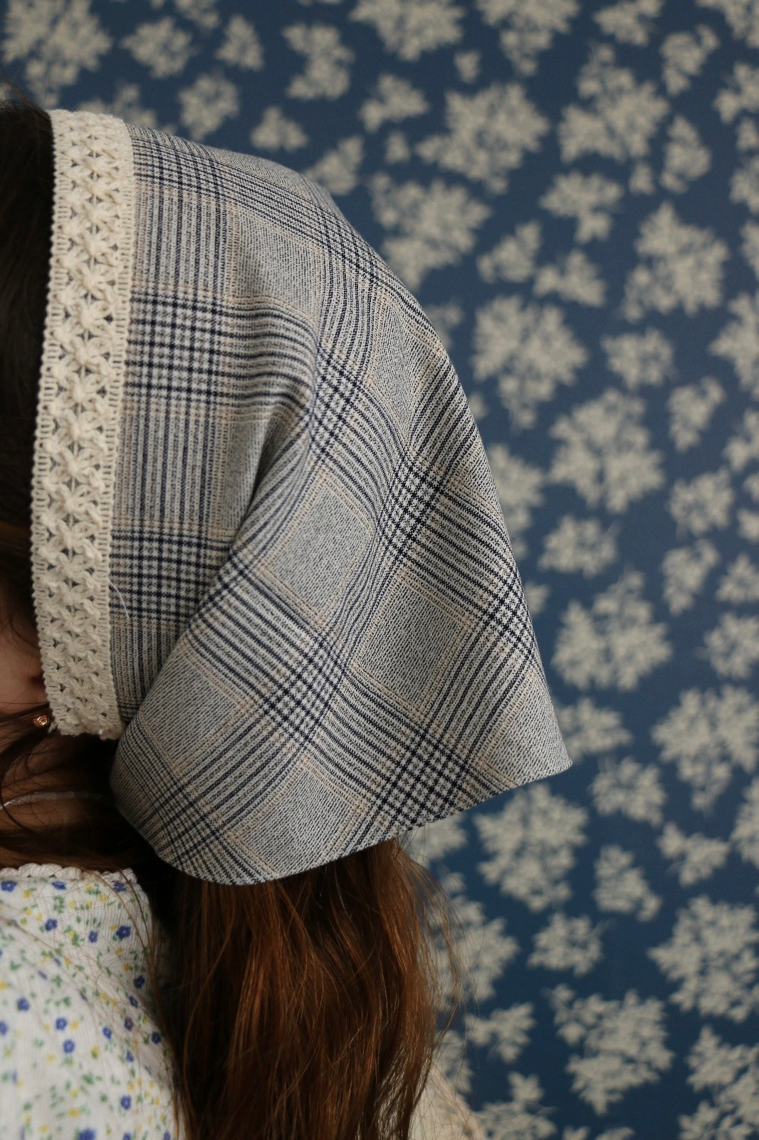 Hoyatap Ekose Dökümlü Kumaş Dantelli Bandana- Saç Aksesuarı- Vintage Bandana