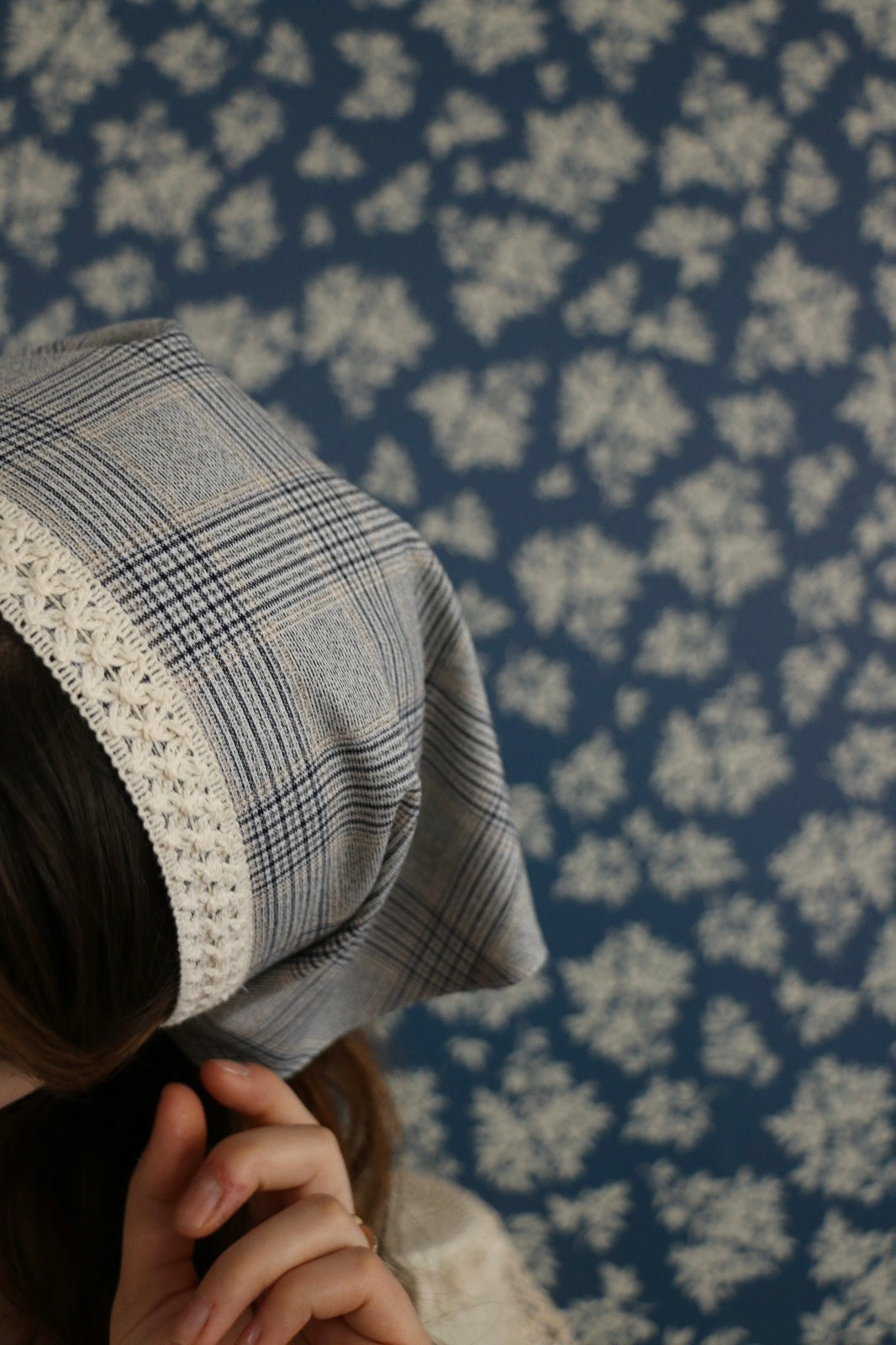 Hoyatap Ekose Dökümlü Kumaş Dantelli Bandana- Saç Aksesuarı- Vintage Bandana