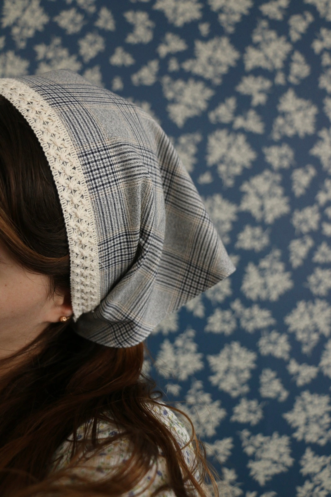 Hoyatap Ekose Dökümlü Kumaş Dantelli Bandana- Saç Aksesuarı- Vintage Bandana