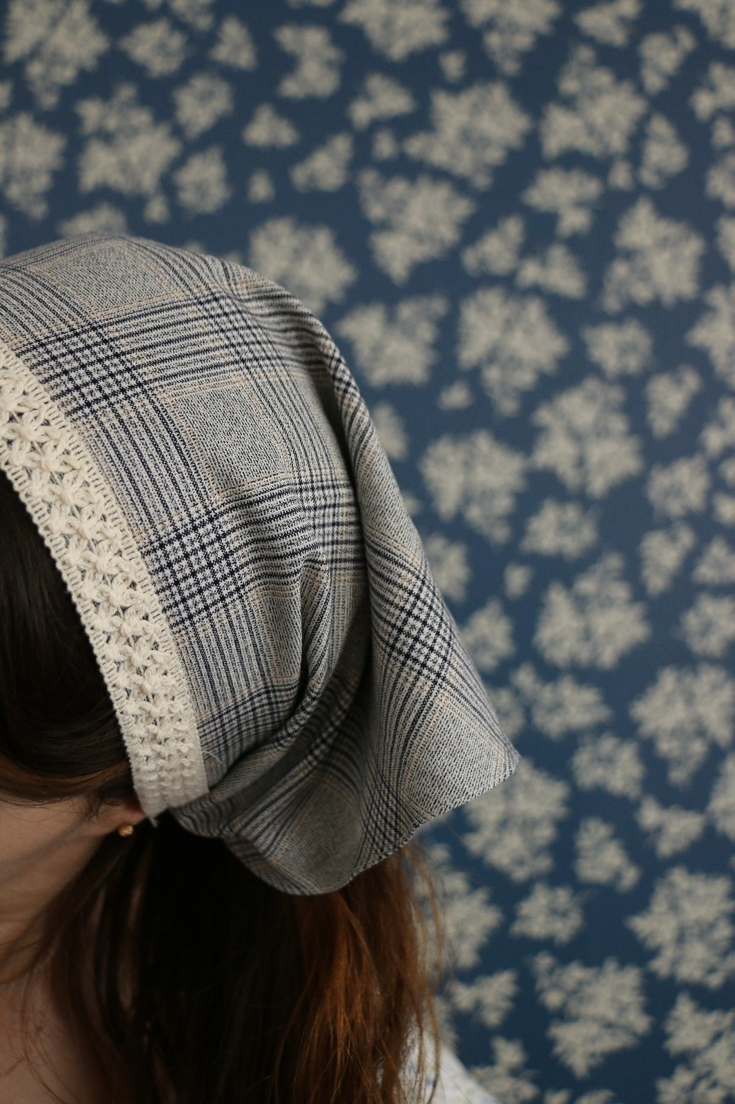 Hoyatap Ekose Dökümlü Kumaş Dantelli Bandana- Saç Aksesuarı- Vintage Bandana