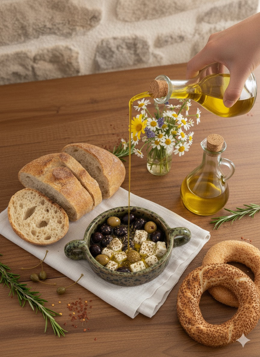 El Yapımı Dekoratif Kulplu Yeşil Renk Desenli Kase -Mezelik