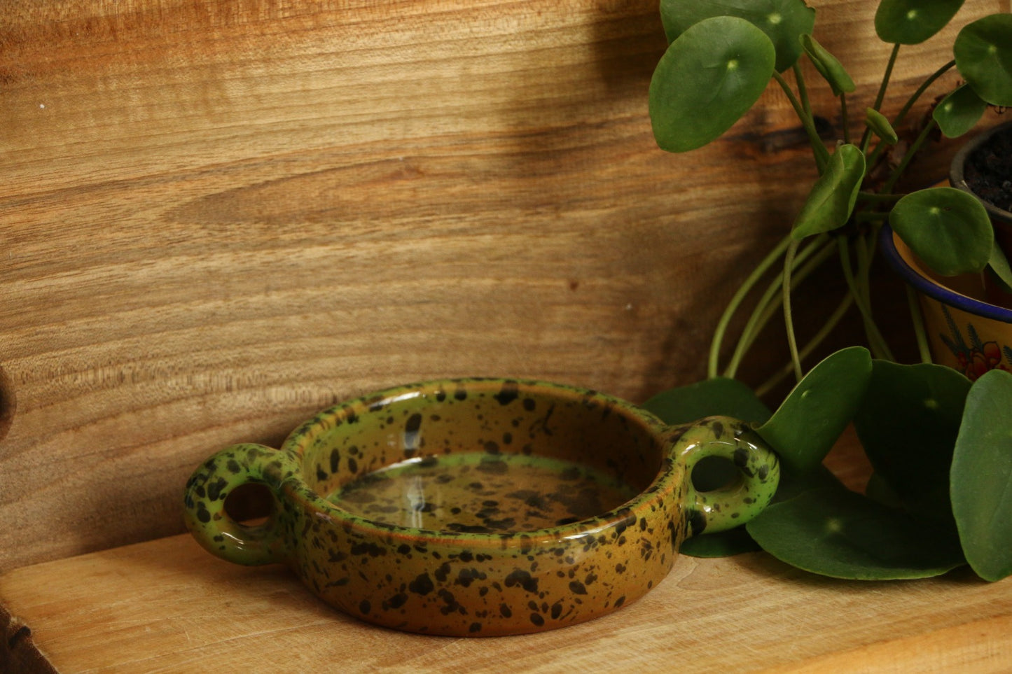 El Yapımı Dekoratif Kulplu Yeşil Renk Desenli Kase -Mezelik