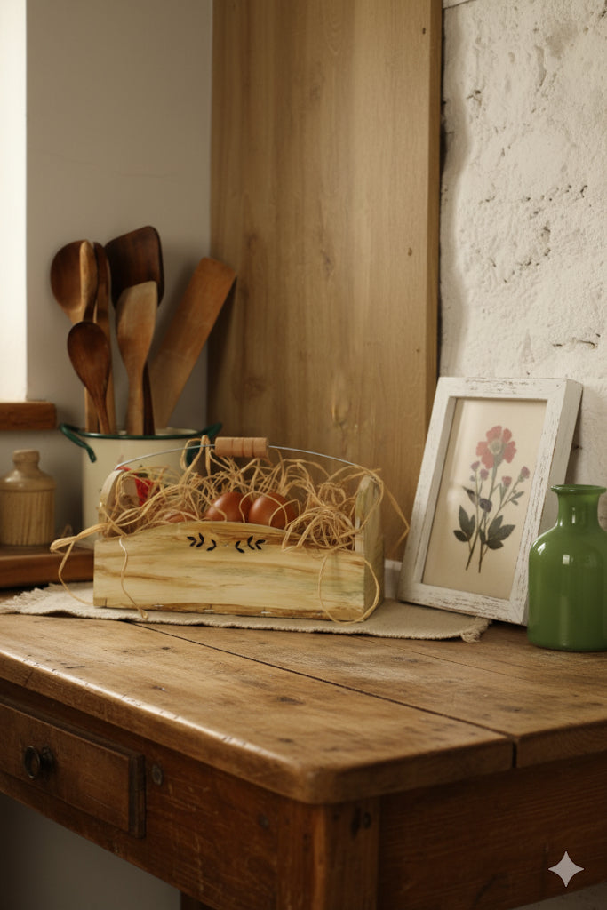 Vintage Dekoratif Ahşap Kutu -Çelik Askılı Oyma Desenli Ahşap Organizer