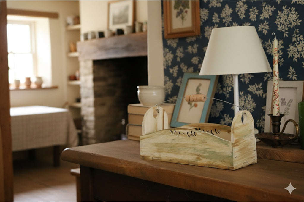 Vintage Dekoratif Ahşap Kutu -Çelik Askılı Oyma Desenli Ahşap Organizer