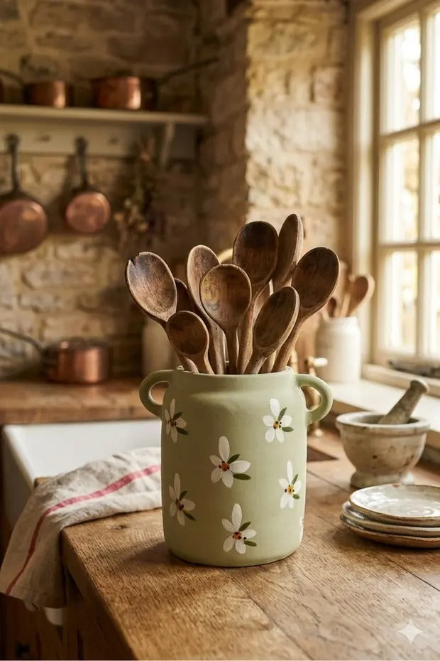 Hoyatap Soft Yeşil Soğuk Yeşil Vintage Kulp Detaylı  Vazo & Kaşıklık