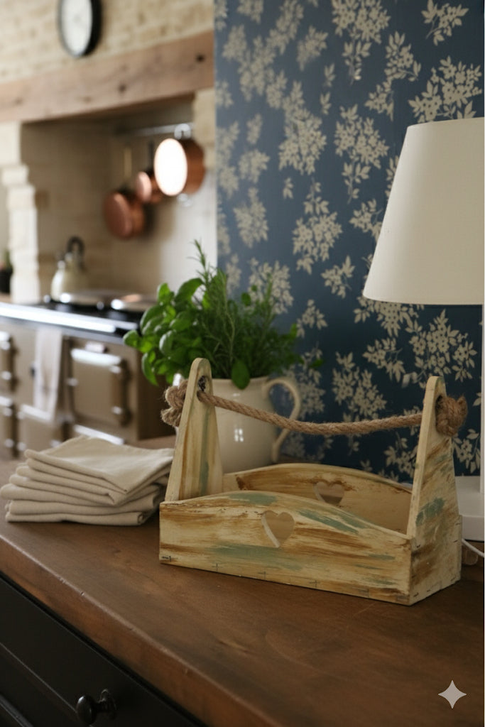 Vintage Dekoratif Ahşap Kutu - Halat Askılı Oyma Desenli Ahşap Organizer