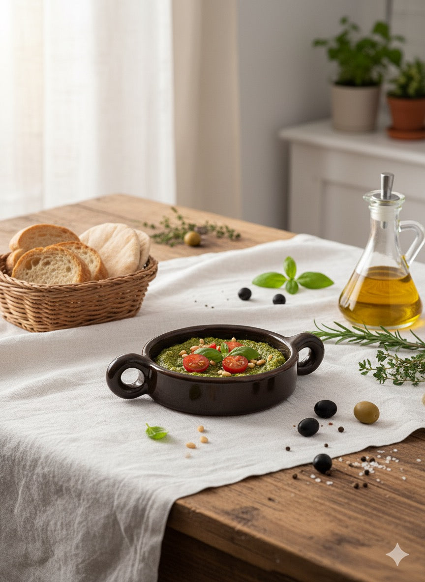 El Yapımı Dekoratif Kulplu Haki Renk Kase -Mezelik