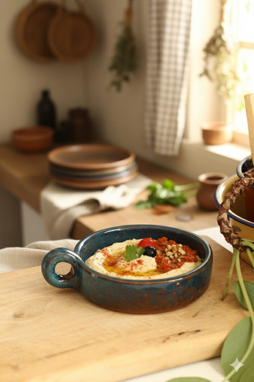 El Yapımı Dekoratif Tek Kulplu Mavi Desenli Renk Kase -Mezelik