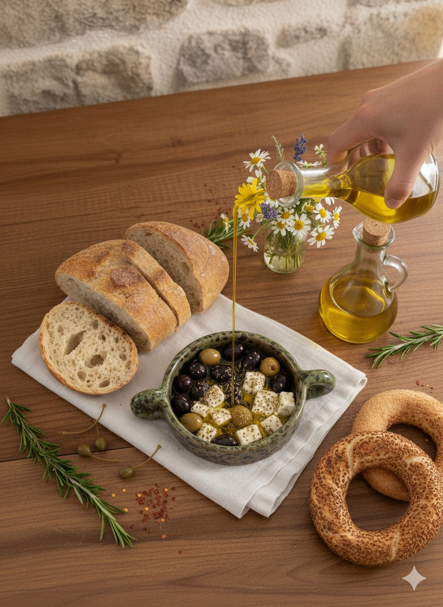 El Yapımı Dekoratif Kulplu Yeşil Renk Desenli Kase -Mezelik