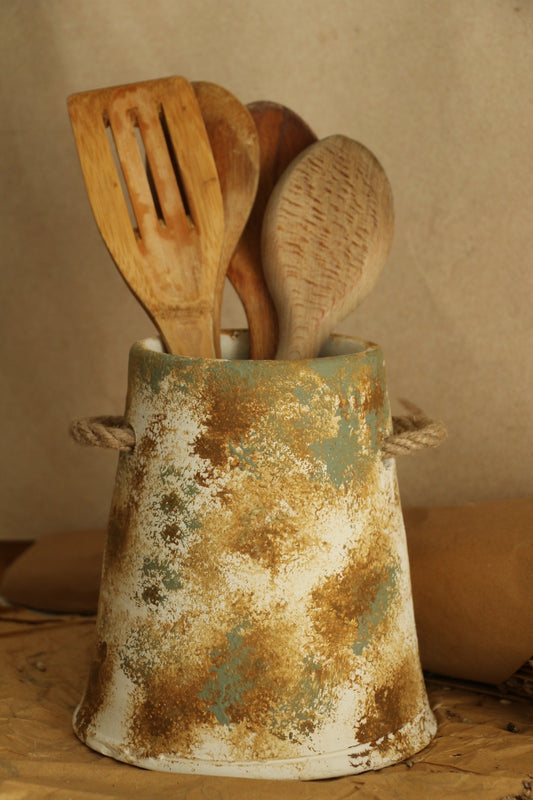 Eskitme Büyük Boy Hasır Kulp Detaylı El Yapımı Dekoratif Vazo & Kaşıklık