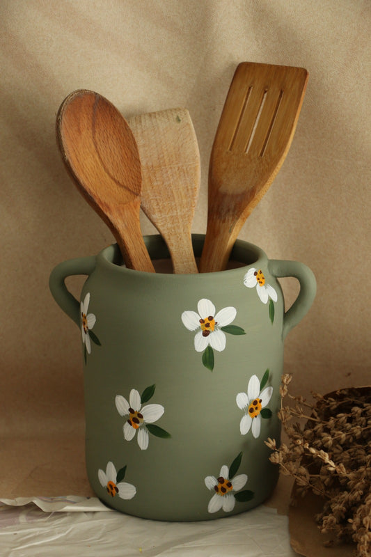 Hoyatap Dekoratif Retro Yeşil El Yapımı Ve El Boyama Kulplu Desenli Seramik Vazo