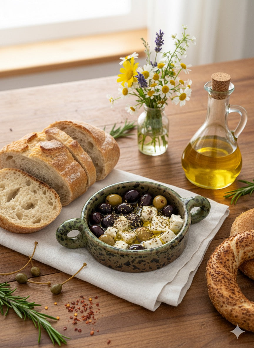 El Yapımı Dekoratif Kulplu Yeşil Renk Desenli Kase -Mezelik