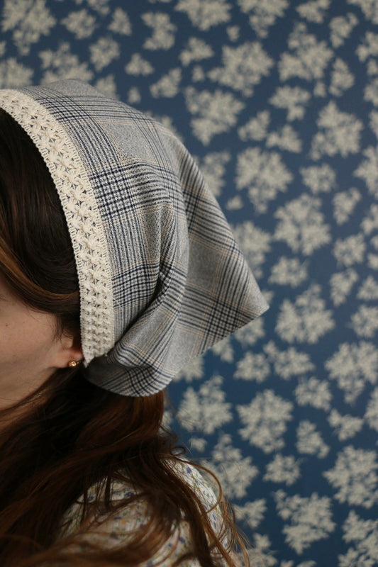 Hoyatap Ekose Dökümlü Kumaş Dantelli Bandana- Saç Aksesuarı- Vintage Bandana
