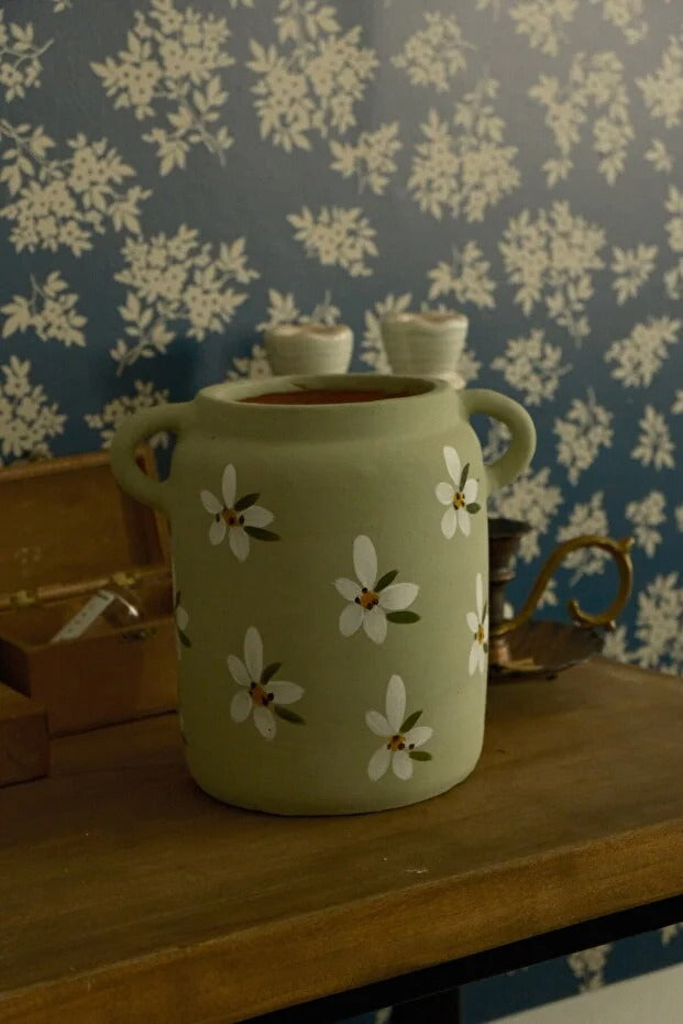 Hoyatap Soft Yeşil Soğuk Yeşil Vintage Kulp Detaylı  Vazo & Kaşıklık