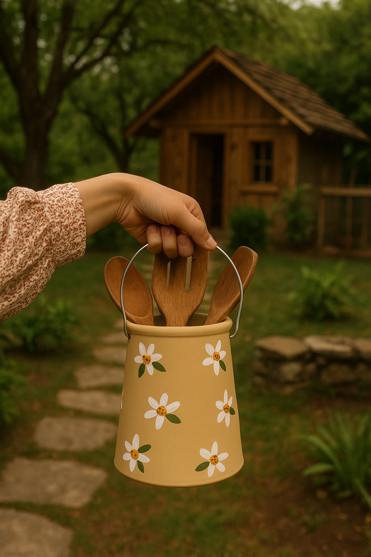 Papatya Desenli Çelik Askı Detaylı Vintage Taşra Stil Büyük Boy Dekoratif Kaşıklık & Vazo