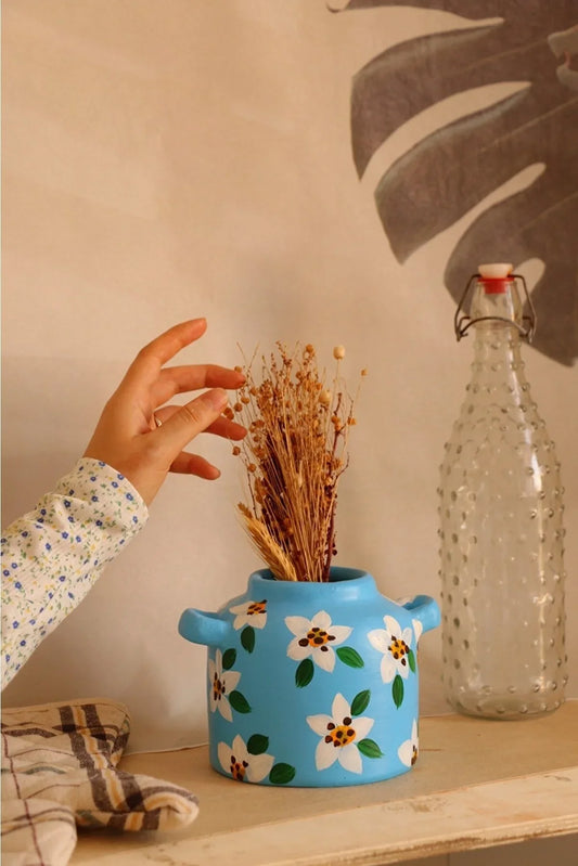 Hoyatap Papatya Desenli Mini El Yapımı Kulplu Seramik Vazo / Kaşıklık